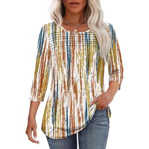 imageOFEEFAN Womens Tops 34 Length Sleeve Blouses Dressy Casual Spring Summer Outfits Pleated Front T Shirts Curved HemZtiedye Brown