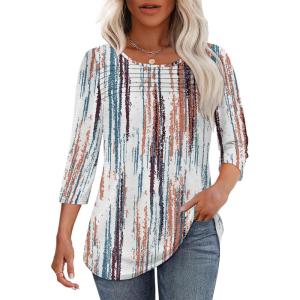 imageOFEEFAN Womens Tops 34 Length Sleeve Blouses Dressy Casual Spring Summer Outfits Pleated Front T Shirts Curved HemZtiedye Multi