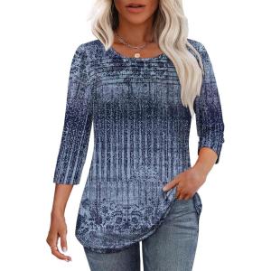 imageOFEEFAN Womens Tops 34 Length Sleeve Blouses Dressy Casual Spring Summer Outfits Pleated Front T Shirts Curved HemZtiedye Palenavy
