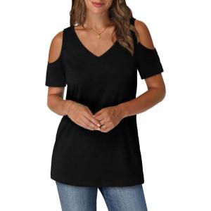 imageOFEEFAN Womens Tops Cold Shoulder Short Sleeve V Neck Tee Shirts Summer Spring Dressy Casual PlainPrintedPlain Black