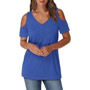 imageOFEEFAN Womens Tops Cold Shoulder Short Sleeve V Neck Tee Shirts Summer Spring Dressy Casual PlainPrintedPlain Blue