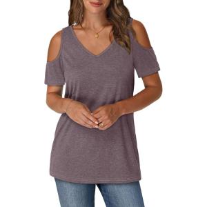 imageOFEEFAN Womens Tops Cold Shoulder Short Sleeve V Neck Tee Shirts Summer Spring Dressy Casual PlainPrintedPlain Coffeegrey