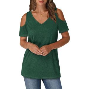 imageOFEEFAN Womens Tops Cold Shoulder Short Sleeve V Neck Tee Shirts Summer Spring Dressy Casual PlainPrintedPlain Green