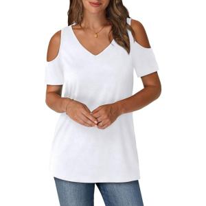 imageOFEEFAN Womens Tops Cold Shoulder Short Sleeve V Neck Tee Shirts Summer Spring Dressy Casual PlainPrintedPlain White
