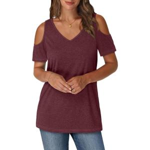 imageOFEEFAN Womens Tops Cold Shoulder Short Sleeve V Neck Tee Shirts Summer Spring Dressy Casual PlainPrintedPlain Winered