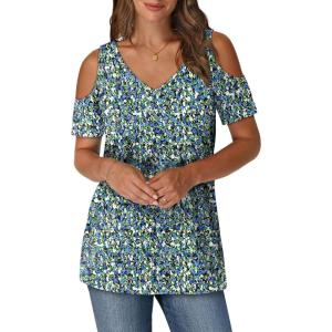imageOFEEFAN Womens Tops Cold Shoulder Short Sleeve V Neck Tee Shirts Summer Spring Dressy Casual PlainPrintedPrinted B