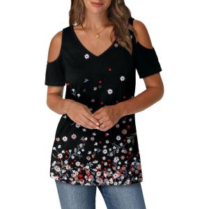 imageOFEEFAN Womens Tops Cold Shoulder Short Sleeve V Neck Tee Shirts Summer Spring Dressy Casual PlainPrintedPrinted C