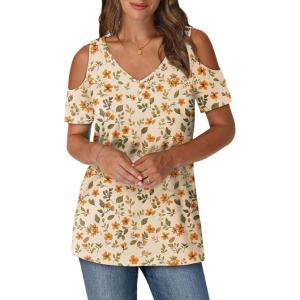 imageOFEEFAN Womens Tops Cold Shoulder Short Sleeve V Neck Tee Shirts Summer Spring Dressy Casual PlainPrintedPrinted D