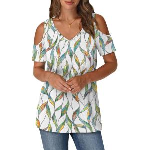 imageOFEEFAN Womens Tops Cold Shoulder Short Sleeve V Neck Tee Shirts Summer Spring Dressy Casual PlainPrintedPrinted a