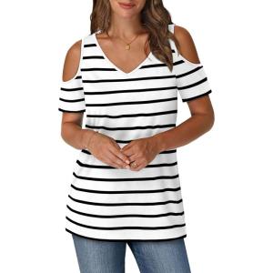 imageOFEEFAN Womens Tops Cold Shoulder Short Sleeve V Neck Tee Shirts Summer Spring Dressy Casual PlainPrintedStriped White Black