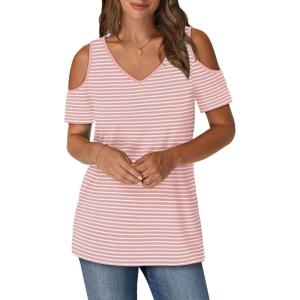 imageOFEEFAN Womens Tops Cold Shoulder Short Sleeve V Neck Tee Shirts Summer Spring Dressy Casual PlainPrintedStriped White Pink