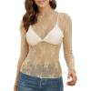 imageOFEEFAN Womens Long Sleeve Mesh Top See Through Mock Neck Sheer BlousesChampagne Leaf