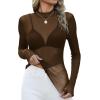 imageOFEEFAN Womens Long Sleeve Mesh Top See Through Mock Neck Sheer BlousesCoffee