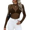imageOFEEFAN Womens Long Sleeve Mesh Top See Through Mock Neck Sheer BlousesCoffee
