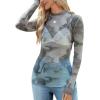 imageOFEEFAN Womens Long Sleeve Mesh Top See Through Mock Neck Sheer BlousesGrey