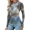 imageOFEEFAN Womens Long Sleeve Mesh Top See Through Mock Neck Sheer BlousesGrey