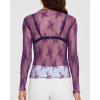 imageOFEEFAN Womens Long Sleeve Mesh Top See Through Mock Neck Sheer BlousesPurple Leaf