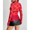 imageOFEEFAN Womens Long Sleeve Mesh Top See Through Mock Neck Sheer BlousesRed Floral