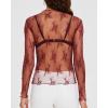imageOFEEFAN Womens Long Sleeve Mesh Top See Through Mock Neck Sheer BlousesRed Leaf