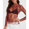 imageOFEEFAN Womens Long Sleeve Mesh Top See Through Mock Neck Sheer BlousesRed Leaf