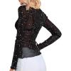 imageOFEEFAN Womens Long Sleeve Mesh Top See Through Mock Neck Sheer BlousesStar
