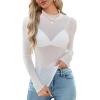 imageOFEEFAN Womens Long Sleeve Mesh Top See Through Mock Neck Sheer BlousesWhite Dots