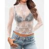 imageOFEEFAN Womens Long Sleeve Mesh Top See Through Mock Neck Sheer BlousesWhite Leaf