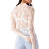 imageOFEEFAN Womens Long Sleeve Mesh Top See Through Mock Neck Sheer BlousesWhite Leaf