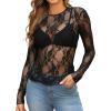 imageOFEEFAN Womens Mesh Tops Lace Long Sleeve Shirts Crewneck Slim Fitted Outfits See Through BlousesBlack