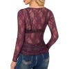 imageOFEEFAN Womens Mesh Tops Lace Long Sleeve Shirts Crewneck Slim Fitted Outfits See Through BlousesBurgundy