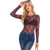 imageOFEEFAN Womens Mesh Tops Lace Long Sleeve Shirts Crewneck Slim Fitted Outfits See Through BlousesBurgundy