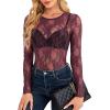 imageOFEEFAN Womens Mesh Tops Lace Long Sleeve Shirts Crewneck Slim Fitted Outfits See Through BlousesBurgundy
