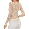 imageOFEEFAN Womens Mesh Tops Lace Long Sleeve Shirts Crewneck Slim Fitted Outfits See Through BlousesChampagne