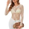 imageOFEEFAN Womens Mesh Tops Lace Long Sleeve Shirts Crewneck Slim Fitted Outfits See Through BlousesChampagne