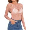 imageOFEEFAN Womens Mesh Tops Lace Long Sleeve Shirts Crewneck Slim Fitted Outfits See Through BlousesCoral