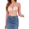 imageOFEEFAN Womens Mesh Tops Lace Long Sleeve Shirts Crewneck Slim Fitted Outfits See Through BlousesCoral