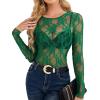 imageOFEEFAN Womens Mesh Tops Lace Long Sleeve Shirts Crewneck Slim Fitted Outfits See Through BlousesGreen