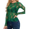 imageOFEEFAN Womens Mesh Tops Lace Long Sleeve Shirts Crewneck Slim Fitted Outfits See Through BlousesGreen