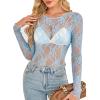 imageOFEEFAN Womens Mesh Tops Lace Long Sleeve Shirts Crewneck Slim Fitted Outfits See Through BlousesLight Blue