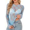 imageOFEEFAN Womens Mesh Tops Lace Long Sleeve Shirts Crewneck Slim Fitted Outfits See Through BlousesLight Blue