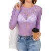 imageOFEEFAN Womens Mesh Tops Lace Long Sleeve Shirts Crewneck Slim Fitted Outfits See Through BlousesPurple