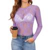 imageOFEEFAN Womens Mesh Tops Lace Long Sleeve Shirts Crewneck Slim Fitted Outfits See Through BlousesPurple