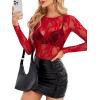 imageOFEEFAN Womens Mesh Tops Lace Long Sleeve Shirts Crewneck Slim Fitted Outfits See Through BlousesRed