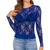 imageOFEEFAN Womens Mesh Tops Lace Long Sleeve Shirts Crewneck Slim Fitted Outfits See Through BlousesRoyal Blue