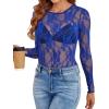 imageOFEEFAN Womens Mesh Tops Lace Long Sleeve Shirts Crewneck Slim Fitted Outfits See Through BlousesRoyal Blue