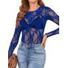 imageOFEEFAN Womens Mesh Tops Lace Long Sleeve Shirts Crewneck Slim Fitted Outfits See Through BlousesRoyal Blue