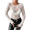 imageOFEEFAN Womens Mesh Tops Lace Long Sleeve Shirts Crewneck Slim Fitted Outfits See Through BlousesWhite