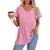 imageOFEEFAN Womens Summer Tops Babydoll Short Sleeve Shirts Puff Sleeve Peplum Tops V Neck T ShirtsCpink