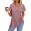 imageOFEEFAN Womens Summer Tops Babydoll Short Sleeve Shirts Puff Sleeve Peplum Tops V Neck T ShirtsGeyelet Dust Pink