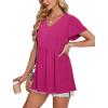 imageOFEEFAN Womens Summer Tops Babydoll Short Sleeve Shirts Puff Sleeve Peplum Tops V Neck T ShirtsIeyelet Hot Pink